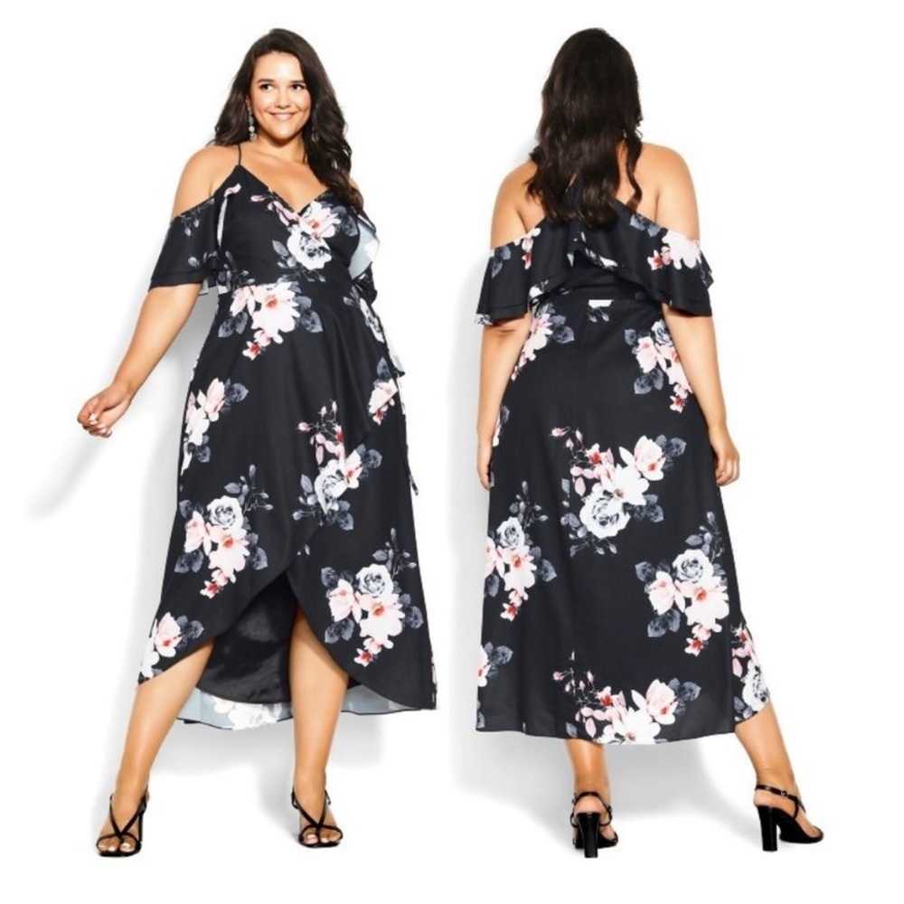City Chic Black and Pink Floral Midi Dress